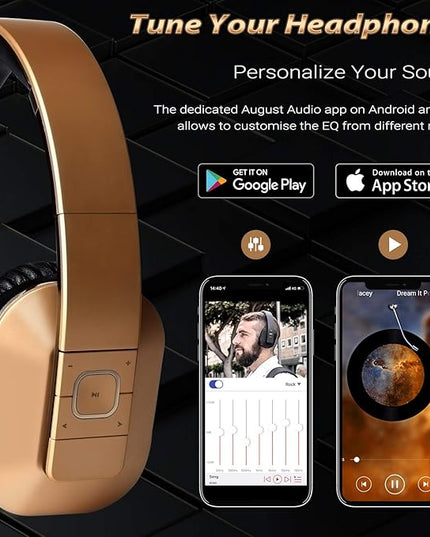 August EP650 Bluetooth Wireless Over-Ear Headphones with aptX Low Latency, NFC, Multipoint Pairing, Wired Option, Built-in Microphone - Gold