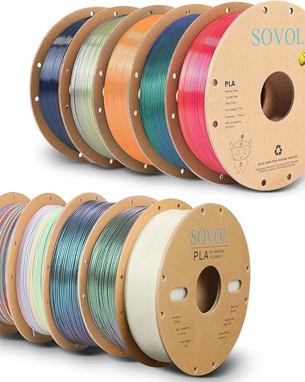 Sovol PLA Filament 10KG, Silk Tri Color & Dual Color Co-Extrusion PLA, Shiny Multicolored Fast Change Rainbow 3D Printer Filament, Matte & Glitter & Glow in The Dark PLA 1.75mm 1kg/ 2.2lbs +/-0.03mm