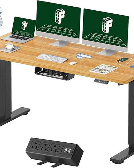 FLEXISPOT EN2Whole-Piece Standing Desk with Clamp Power Strip, 60 x 24 Electric Stand Up Height Adjustable Desk with Cable Management (Black Frame +60" Maple Top, 2 Packages)