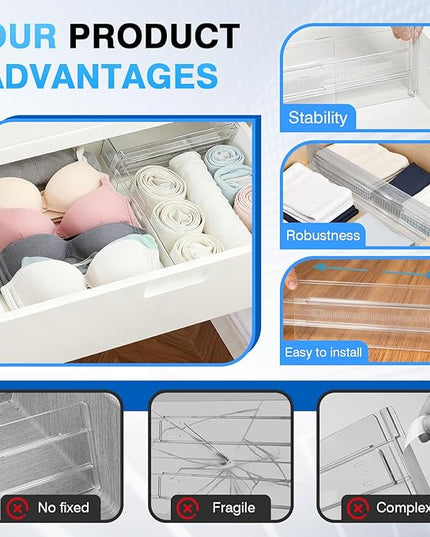 4Pack Drawer Dividers for Clothes, 4" High Adjustable Expandable Dresser Drawer Organizer, Clear Plastic Separators for Dresser, Underwear, Cosmetic, Toiletries