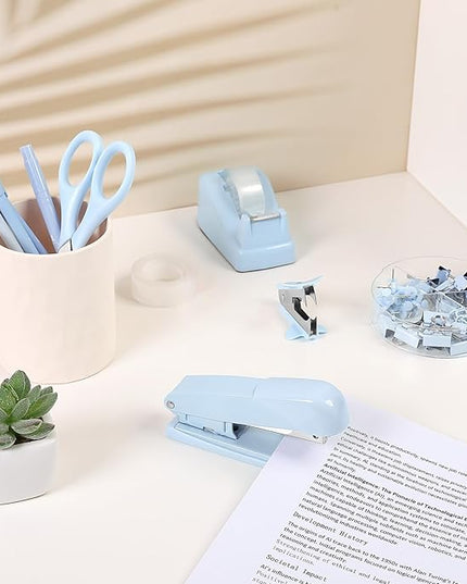 SKYDUE Blue Office Desk Accessories, Blue Office Supplies, Stapler, Tape Dispenser, Scissors, Clips and 1000pcs Staples,Desk Supplies for Women