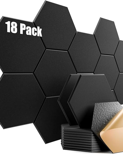 18 Pack Self-Adhesive Acoustic Panels 12" X 10" X 0.4" - Sound Proof Foam Panels for Wall with High Density, Hexagon Design, Flame Resistant, Absorb Noise and Eliminate Echoes(Black)