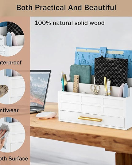 dreampossible white Wood Desk Organizer and Accessories with Drawer, Bill Mail Organizer and File Mail Holder for Office Supplies, Rustic Desk Accessories & Workspace Organizers for Desk Organization