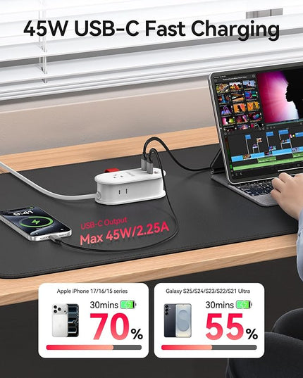 ORICO 45W Power Strip for iPhone 17 and Galaxy S25, 7 in 1 Charging Station with 3AC, 2 USB-A, 2 USB-C, 4ft Thin Extension Cord, Flat Plug Fashion Essential for Travel/Home/Office/Library/Dorm - TK45