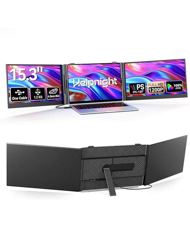 15.3" Laptop Triple Screen Extender Portable, One Cable Connection Laptop Monitor FHD 1080P IPS, Ultra Thin Dual Monitor for 13-17" Laptops, Plug & Play Compatiable with Win/Mac/Chrome/Android/Switch