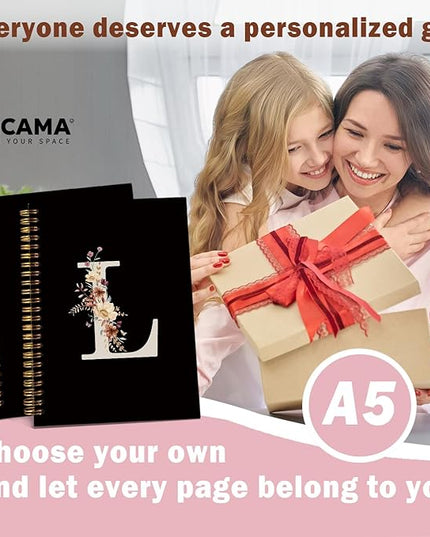 Lacama Cute Initial Letter L School Notebook Journal, Aesthetic Wildflower Personalized Black Spiral Notebook, School Supplies, Customized Monogrammed Gifts, Birthday Gifts for Women, Office Supplies