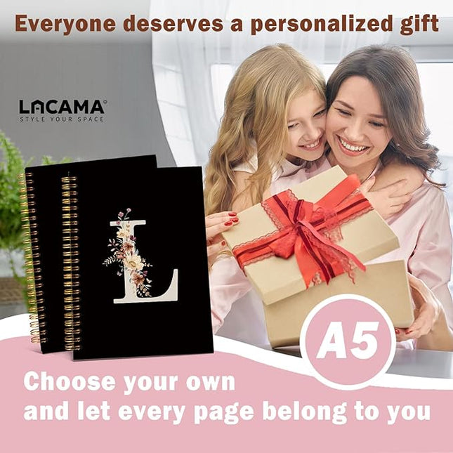 Lacama Cute Initial Letter L School Notebook Journal, Aesthetic Wildflower Personalized Black Spiral Notebook, School Supplies, Customized Monogrammed Gifts, Birthday Gifts for Women, Office Supplies