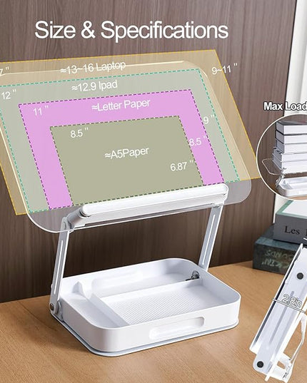 ZOEY Acrylic Book Stand for Reading Adjustable Book Holder with 360 Rotating Base and Storage Foldable Desktop Riser Stand for Cookbook Laptop Tablet Textbook Music Score with Page Clip 13.4x9.3x2.8in