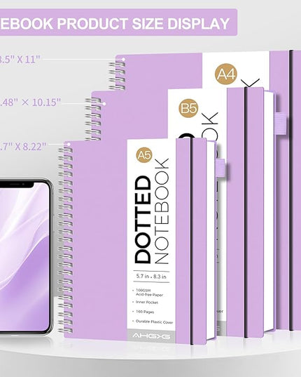 AHGXG Bullet Dotted Journal - Dot Grid Spiral Notebook A5, 160 Pages, 100 GSM Thick Paper, Waterproof Plastic Cover Journals for Bullet Journaling, Sketching, 5.7" x 8.3", Purple