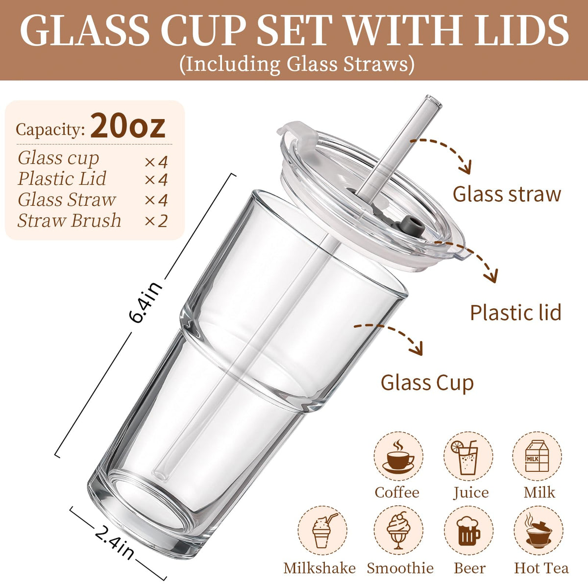 Iced Coffee Cups with Lids: Coffee Bar Accessories - Tumbler Leak Proof for To Go Iced Coffee Cup with Lid 4Pack - 20 oz Glass Cup with Lid and Straws - Thickened Glass Tumbler with Straw and Lid600ml