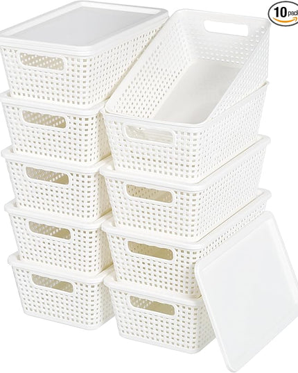 Plastic Storage Baskets With Lid, Storage Bins for Organizing, Stackable Decorative Containers for Shelves Drawers Desktop Closet Playroom Classroom Office, 10 Pack-White