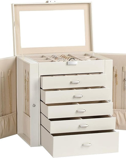Frebeauty Large Jewelry Box,6-Tier PU Leather Jewelry Organizer,Multi-functional Storage Case with Mirror,Accessories Holder with 5 Drawers for Necklace Bracelets Watches(Pearl White)