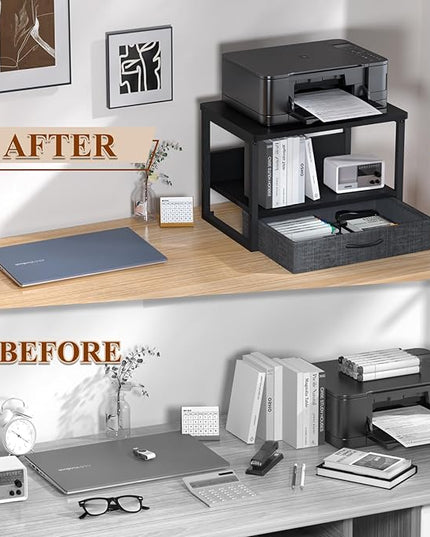 MARTY Printer Stand with Storage Drawer for Desk, 2-Tier Desktop Printer Stand Shelf Organzier for Home Office Printer Riser Under Desk Small Printer Table for Fax Machine Copier Scanner (Black)