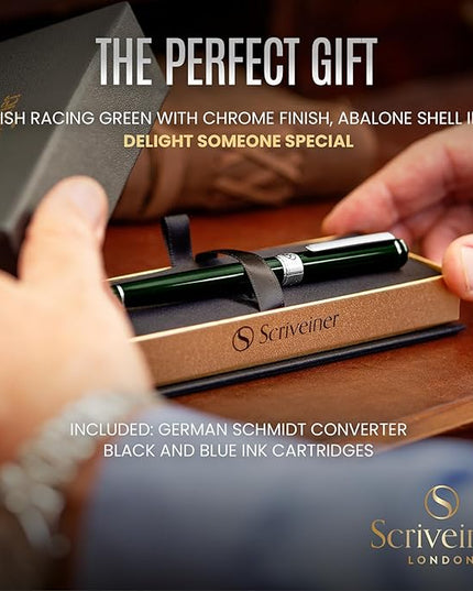 Scriveiner British Racing Green Fountain Pen - Stunning Luxury Pen with Chrome Finish, Schmidt Nib (Medium), Best Pen Gift Set for Men & Women, Professional, Executive, Office, Nice Pens