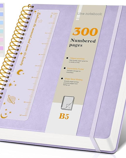 B5 Spiral Notebook Journal 7.6” x 10”, 300 Numbered Pages Hardcover Leather Journals for Women Men, Large Lined College Ruled Notebooks, 100GSM Thick Paper, Spiral Bound Journal for Work School, Purple