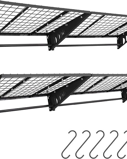 Garage Shelving 2x3ft 4-Pack, Garage Storage Rack 24"x36" Metal Shelves Black Wall Mounted with rods & 6 Hooks, Heavy Duty Wall Shelving Floating Shelves, 1200lbs Total load Capacity