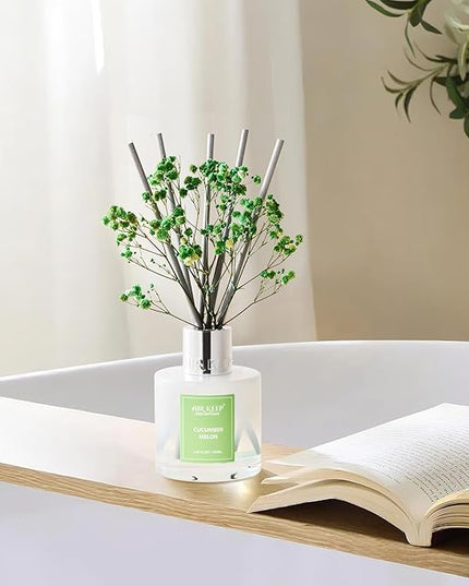 Airkeep Reed Diffuser Set,3.38 fl oz (100 ml) - Cucumber Melon Oil Diffusers with 8 Reed Sticks, Home Fragrance Reed Diffuser for Bathroom Shelf Decor