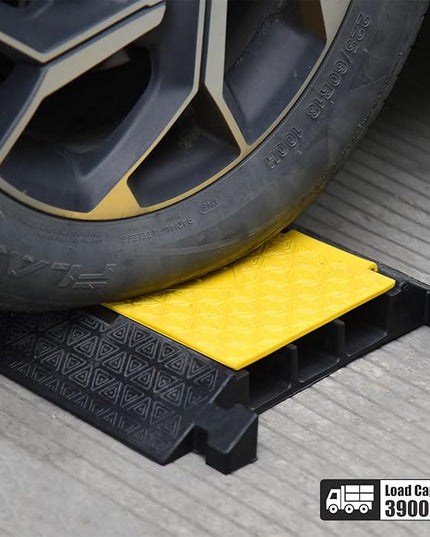 OranLite Rubber Cable Protector Ramp, Heavy Floor Cable Wire Cord Cover Speed Bumps 22000Lbs Load Capacity, Driveway Hose Cable Ramp Protective Cover for Indoor and Outdoor (3-Channel x 2Pcs)