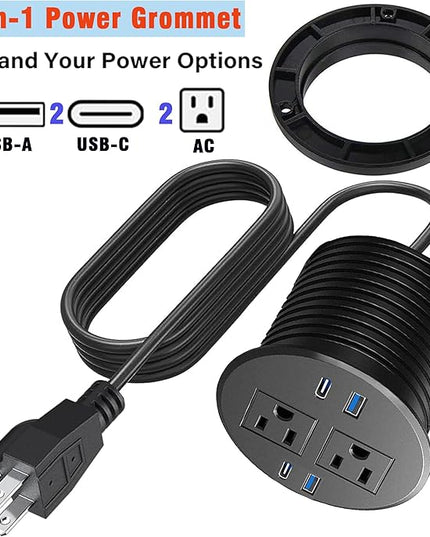 Recessed Power Strip,Fast Desktop Charging Station,2 Outlets,4 USB Ports to Desktop,Plain Mounted Desktop Power Outlet,3 "Hole,6.5 FT Cable for Computer,Desk,Kitchen,Office (Black)