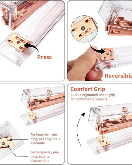Rose Gold Desk Accessories, Office Supplies Set with Acrylic Stapler, Tape Dispenser, Staple Remover, Pen Holder, Scissor, Binder Paper Clips, 1 Ballpoint Pen, 1 Clear Tape and 1000pcs Staples
