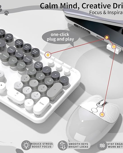 Creamy Wireless Keyboard and Mouse, MOFII 104 Round Keycaps Retro Typewriter with OTG & Brush, Full-Size Ergonomic, Ideal for Windows PC, Home, Office and College Gray White