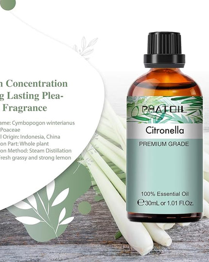 Citronella Essential Oil 1.01fl.oz/30ml, PHATOIL Premium Citronella Oils Long Lasting Scents for Aromatherapy, Diffuser, DIY Soap and Candle Making