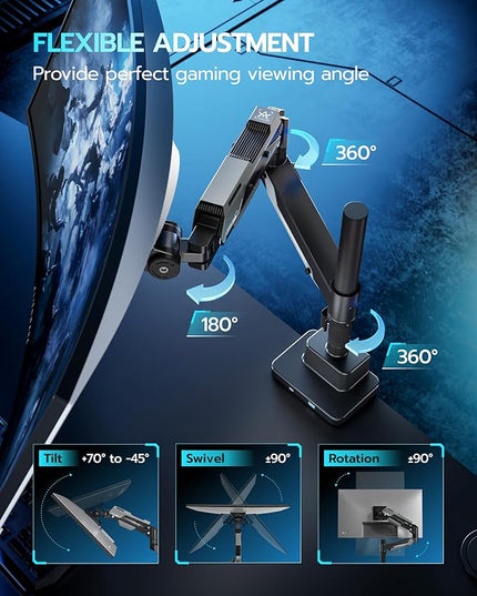 ARES WING CoreArm Single Monitor Mount with USB, Ultrawide Monitor Arm for 24 to 57'' Heavy Duty Curved Screen, Adjustable Gas Spring Monitors Arm Stand up to 66LBS with 75/100/200 Vesa Mount, Black