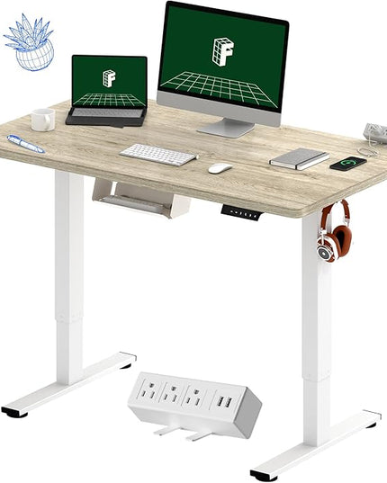 FLEXISPOT EN2 Whole-Piece Standing Desk with Clamp Power Strip, 48 x 24 Electric Stand Up Height Adjustable Desk with Cable Management (White Frame + 48" White Wood Grain Desktop)