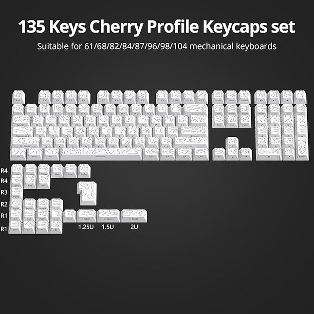 Guffercty kred 135 Key White Keyboard Keycap Set Side Engraved, Cherry Profile PBT Material Translucent Characters Compatible with MX Switches(Form Line)
