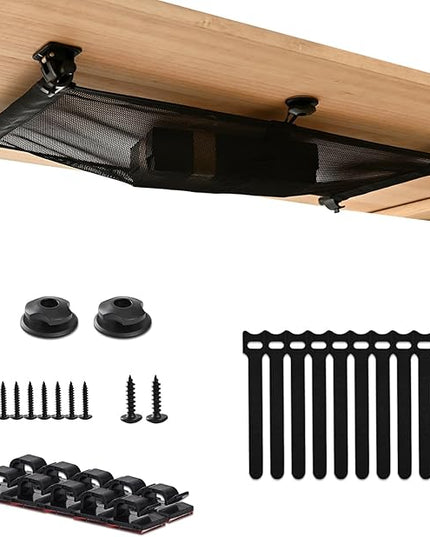 HX AURIZE Under Desk Cable Management Net – Flexible Wire Organizer with Side Rods & Center Hooks – Elastic Mesh Kit for Standing & Office Desks – Adhesive Positioning and Screw Lock Black