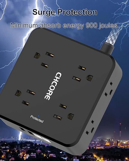 Surge Protector Power Strip - CHCORE 6Ft Braided Extension Cord with 8 Outlets with 4 USB (2 USB C) Charging Ports, Flat Plug Multi Plug Outlet Extender Charging Station for Home Office, ETL, Black