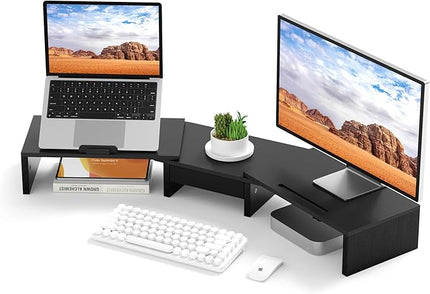 Dual Monitor Stand Riser - Computer Monitor Stand for 2 Monitors，Office Desktop Organizer，Adjustable Length and Angle 3 Shelf with Storage Drawer Phone Holder for Monitors and Laptops-Black