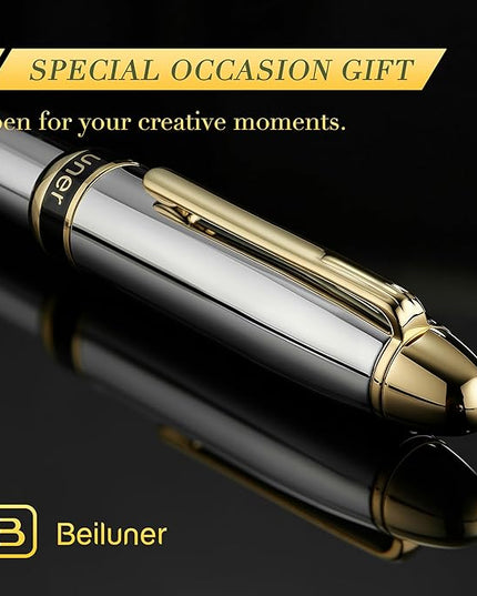 BEILUNER 315 Silver Chrome Fountain Pen,Stunning Luxury Pens with 24K Gold Accents, Gorgeous 24K Gilded Nib(Fine), Ink Converter,Fancy Pen Gift for Men&Women-Elegant, Office, Writing, Nice Design