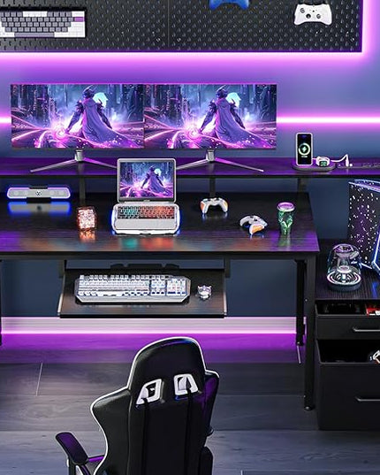 AODK Computer Desk with Drawers and Keyboard Tray, 63" Office Desk with Power Outlet, Reversible Study Work Desk with Printer Shelf and File Cabinet for Home Office, Black