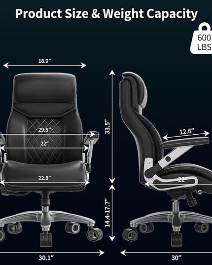 Big and Tall Office Chair with 5D Arms, 600lbs Heavy Duty Desk Chair with Adjustable Lumbar Support, PU Leather High Back Ergonomic Executive Computer Chair with 3'' Silent Casters