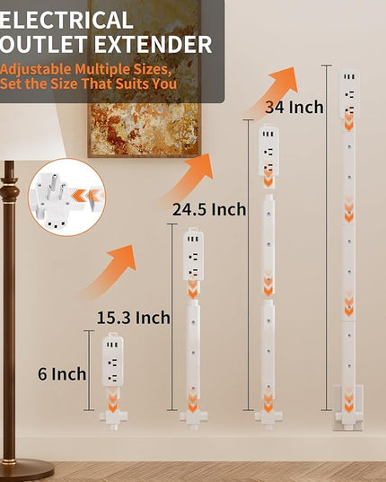2 Pack Electrical Outlet Extender Stick Features 2 USB-A, USB-C and 2 AC Outlets, Extendable to 6", 15.3", 24.5", 34", for Hard to Reach Spaces Use Behind Couches, Nightstands, Desks, and More
