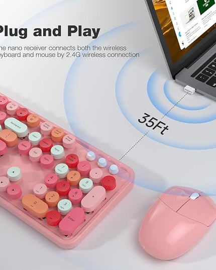 MOFII Wireless Keyboard and Mouse Combo, Pink Wireless Keyboard, 2.4GHz Retro Full Size with Number Pad & Cute Mouse for Computer PC Laptop Windows XP/7/8/10 (Pink-Colorful)