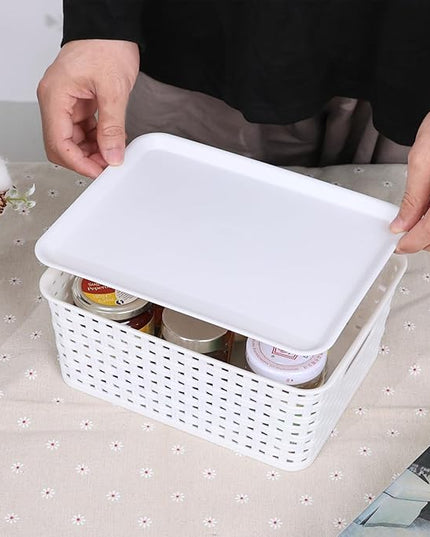 Hespama 6 Packs Lidded Storage Baskets, Plastic Desktop Organizer Baskets, White
