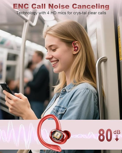 Wireless Earbuds Sport, New Bluetooth 5.4 Headphones with Earhooks, 50H Stereo Deep Bass Over Ear Buds with 4 ENC Noise Canceling Mics, IP7 Waterproof Earphones for Running Workout Gym -Red