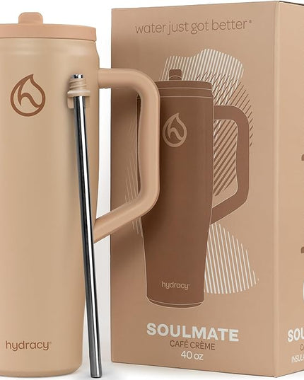 Hydracy Soulmate 40 oz Tumbler with Handle and Flip Straw - 100% Leakproof Reusable Insulated Cup with Stainless Steel Straw - Cupholder Friendly Rubber Base Travel Mug - Cafe Creme