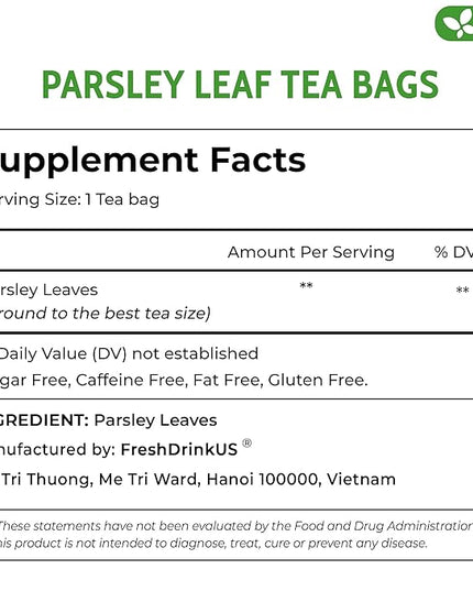 FreshDrinkUS, Premium 135 Parsley Leaf Tea Bags, 100% Natural & Pure from Parsley Leaves. Loose Leaf Parsley Herbal Tea. Made with Natural Material Tea Bags. No Sugar, No Caffeine, No Gluten, Vegan.