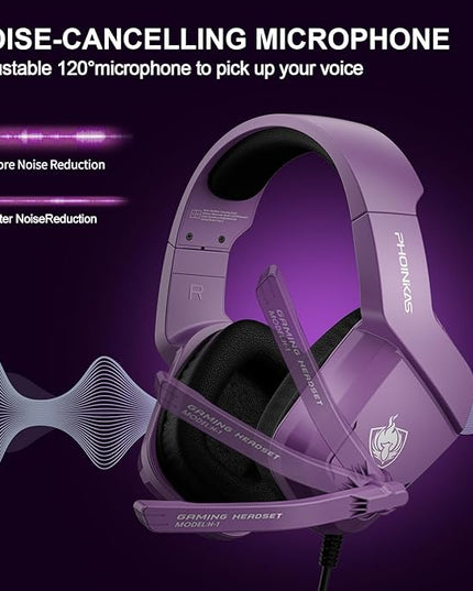 PHOINIKAS Gaming Headset for PS4, PS5, PC, Laptop, Stereo Over Ear Gaming Headphones with Noise-Canceling Mic, Gaming Headsets for XboxOne, Switch, Laptop, Mac, Phone (Purple)