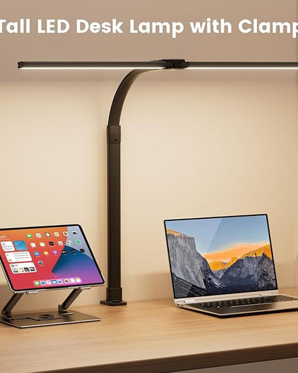 LED Desk Lamp for Home Office - 24W Computer Lamp with Remote Control, Dual Head Desk Light Bar with Clamp, 5 Color & Brightness Adjustable, Tall Flexible Task Monitor Lighting, Black