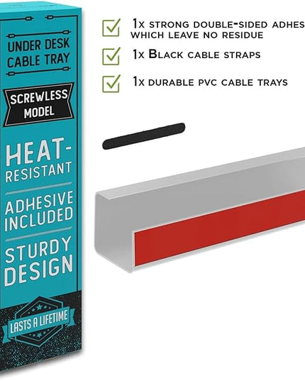 No-Screw Under Desk Cable Management Tray - Self-Adhesive Installation, Cord Management, Cable Tray, Under Desk Wire Organizer - White Single Tray
