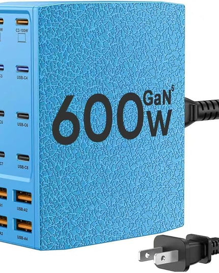 USB Charging Station (600W),12-Port USB C Charger Block with Dual 100W PD USB-C Fast Charging Station Hub for MacBook Pro/Air/All iPad Phone 17/16 15/14/13/Pro Max/Samsung Galaxy Note(Blue)
