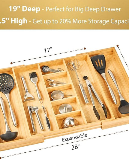 Umilife Extra Large Expandable Kitchen Drawer Organizer for Utensil and Junk, 19" Deep for Big Drawer, 17" to 28" Adjustable Bamboo Wood Drawer Divider, Cutlery Tray, Flatware Holder