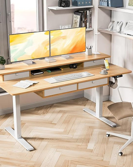 Kingant Standing Desk with Drawers & USB Charging Port, 63" x 30" Height Adjustable Home Office & Gaming Desk, Sit Stand Desk with Built-in Storage Shelf, Hook & Ergonomic Design(Maple)