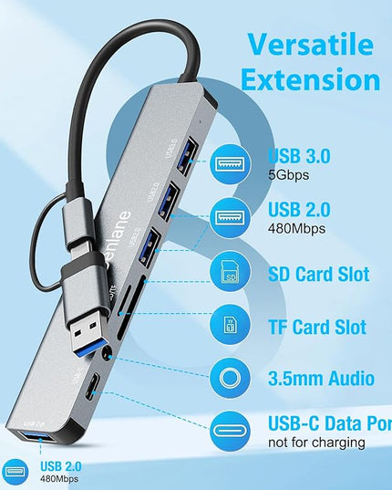 USB C Hub USB Hub 3.0 for Laptop, Upgrade 8 in 2 USB Splitter with USB-C/4 USB A Port Extender, TF/SD Card Slot, 3.5mm Audio Adapter, USBC USB Dongle for PC/Mac/MacBook/Laptop/iPad/Tablet