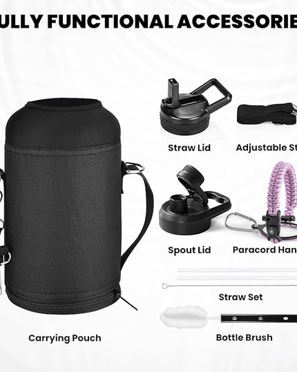 Insulated Water Bottle 64 oz, Triple Wall Vacuum Stainless Steel (Cold for 48 Hrs), Leak Proof & Non-BPA, Half Gallon Water Flask Jug with Paracord Handle & Straw Spout Lids, Lilac