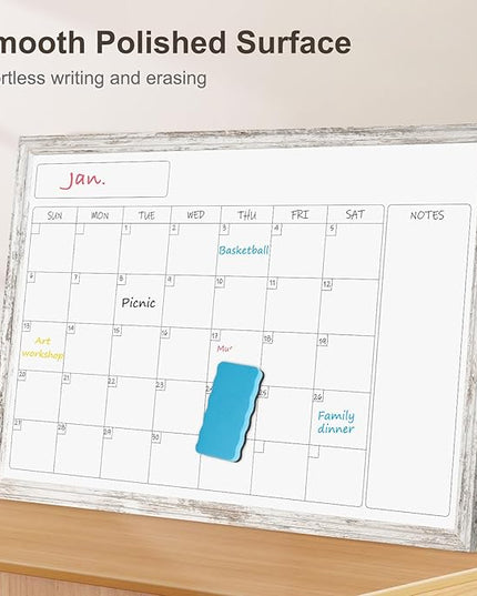 Monthly Dry Erase Calendar Whiteboard for Wall, 36" x 24" Magnetic White Board Calendar Board - Rustic Vintage Wooden Frame